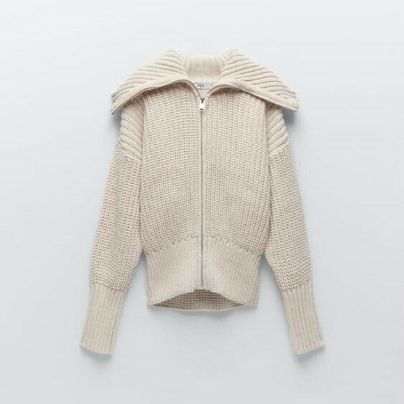 Zara Sweaters - New ZARA Women's Size Large Cream Zip Up Collared Knit Cardigan Jacket Sweater L